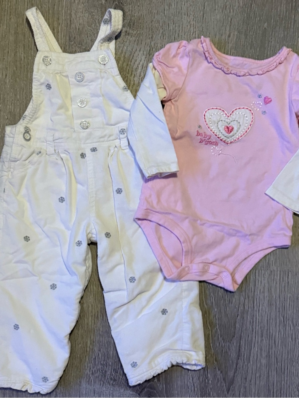 Vintage OshKosh B'gosh Pink Heart Bodysuit with White snowflake Accent Overalls